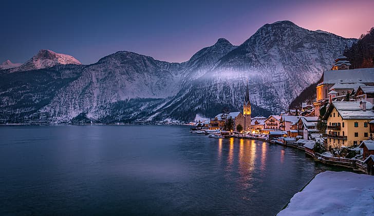 kış, dağlar, göl, bina, ev, Avusturya, Alpler, Hallstatt, Hallstatt Gölü, HD masaüstü duvar kağıdı