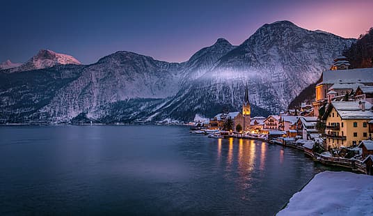 vinter, berg, sjö, byggnad, hem, Österrike, Alperna, Hallstatt, sjön Hallstatt, HD tapet HD wallpaper
