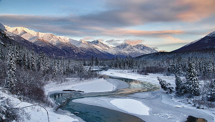 природа, пейзаж, река, сняг, зима, планини, гора, борови дървета, студ, студ, Аляска, HD тапет