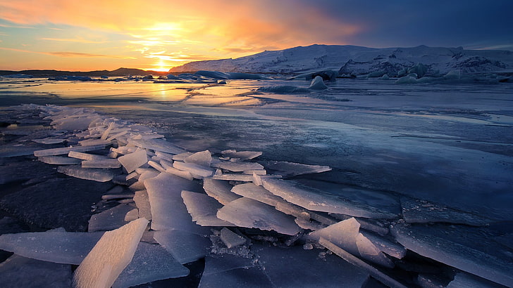 góra lodowa, natura, krajobraz, Islandia, lód, zima, śnieg, lodowce, góra lodowa, woda, góry, zachód słońca, chmury, odbicie, zamarznięte jezioro, Tapety HD