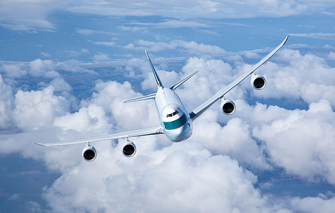 طائرة ركاب بيضاء ، السماء ، السحب ، الطيران ، الشحن ، في الهواء ، الذباب ، كاثي باسيفيك ، بوينغ 747، خلفية HD HD wallpaper