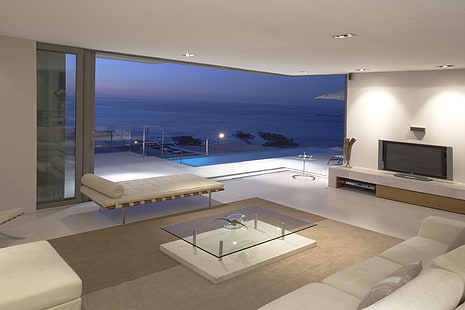 sofa z białej tkaniny z telewizorem z płaskim ekranem, morze, krajobraz, stół, pokój, ocean, tapeta, wnętrze, telewizor, balkon, penthouse, apartament, sofy, apartament, Tapety HD HD wallpaper