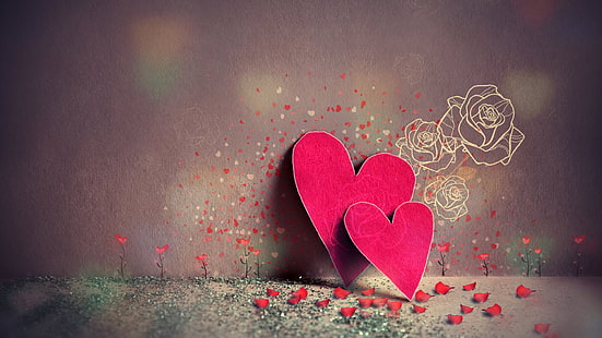 jantung, pasangan, merah, bunga, daun bunga, cinta, jantung, pasangan, merah, bunga, daun bunga, Wallpaper HD HD wallpaper