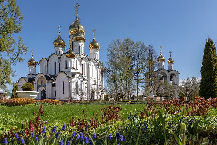 flowers, temple, Russia, dome, the bell tower, St. Nicholas Cathedral, Pereslavl-Zalesskiy, Елена Гусева, Свято-Никольский монастырь, HD wallpaper