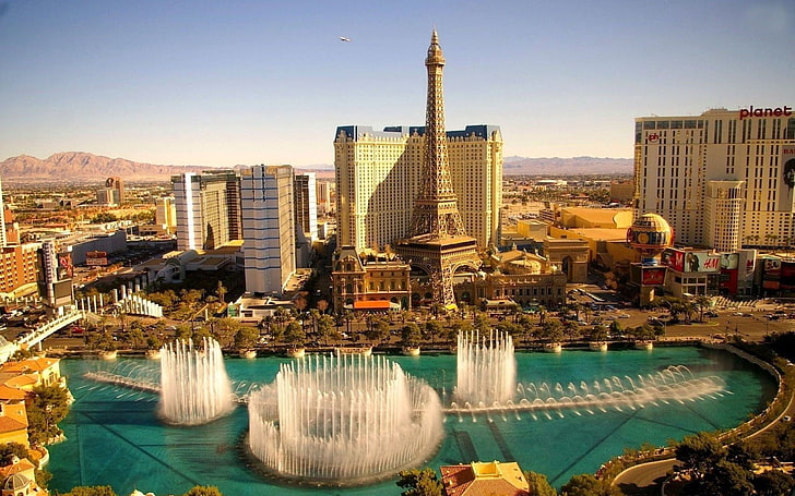 Eyfel Kulesi Paris, Fransa, Las Vegas, otel, çeşme, cityscape, Eyfel Kulesi çoğaltma, HD masaüstü duvar kağıdı
