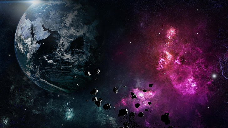 blue planet with asteroids and purple nebula 3D wallpaper, Earth, planet, space, nebula, explosion, HD wallpaper