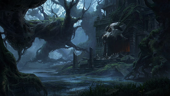 Fantasy, Temple, Dark, Skull, Swamp, Sfondo HD HD wallpaper