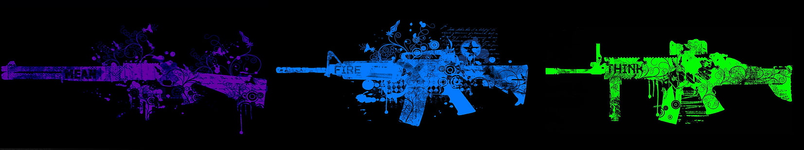 illustrazione di tre fucili, pistola, mitragliatrice, display multiplo, schermo triplo, Sfondo HD HD wallpaper