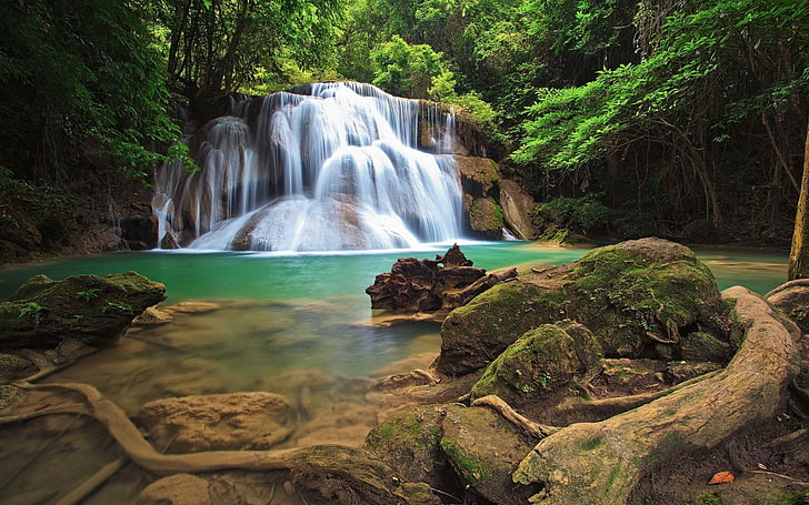 Водопади, водопад, гора, джунгла, мъх, езерце, река, скала, камък, забавяне на времето, дърво, HD тапет
