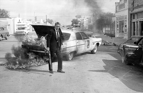 снимка в сивата скала на човек, носещ токсидо, Стив Маккуин, изгаряне, филми, монохромен, бягството, актьор, костюми, пушка, HD тапет HD wallpaper