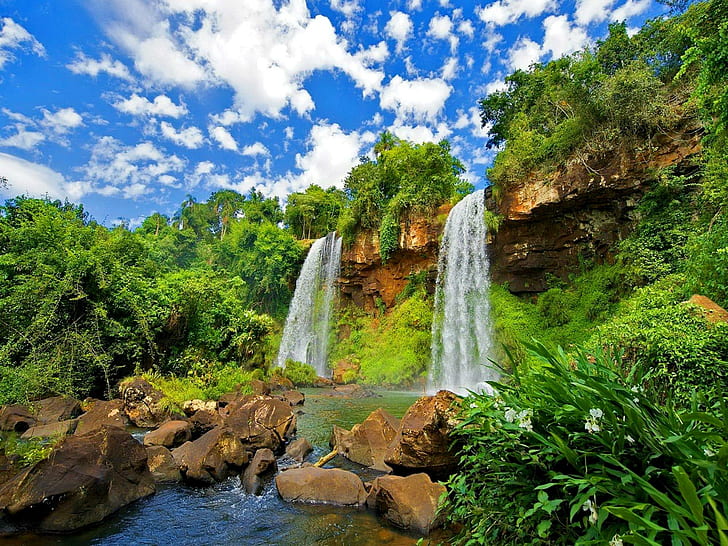 Double Waterfall, lovely, double, stones, lake, falling, harmony, nice, blue sky, fall, beautiful, greenery, waterfall, HD wallpaper