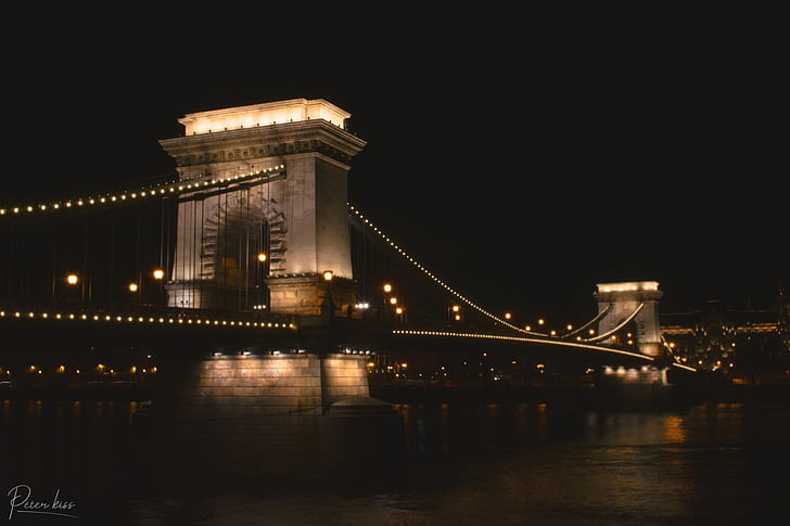 ciudad, paisaje, Budapest, Puente de las Cadenas, agua, Donau, puente, noche, luces, Fondo de pantalla HD
