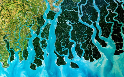 土地、空撮、自然、バングラデシュ、ガンジス川、川、水、風景、緑の航空写真、 HDデスクトップの壁紙 HD wallpaper