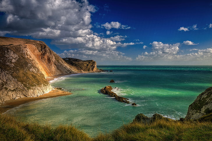 갈색 절벽과 바다, 영국, Dorset, Durdle Door, Blue Lagoon, HD 배경 화면