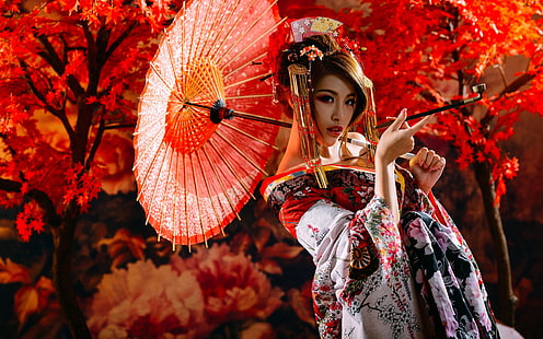 Женщины, азиатские, брюнетка, девушка, головной убор, кимоно, помада, модель, зонтик, женщина, HD обои HD wallpaper