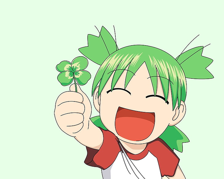 grönhårig tjej animerad karaktär, yotsubato, koiwai yotsuba, flicka, klöver, glädje, öppen mun, HD tapet