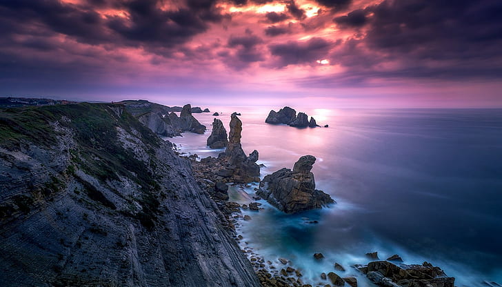 การถ่ายภาพทิวทัศน์ธรรมชาติชายฝั่งหินพระอาทิตย์ตกทะเลเมฆสีชมพูท้องฟ้าสเปน, วอลล์เปเปอร์ HD