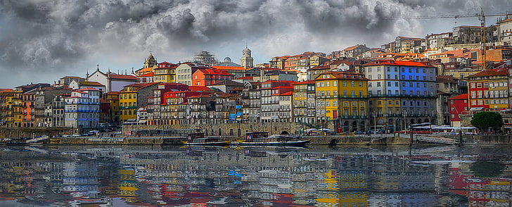 reflection, river, building, home, boats, blur, Portugal, promenade, Porto, Port, the river Duero, Douro River, HD wallpaper