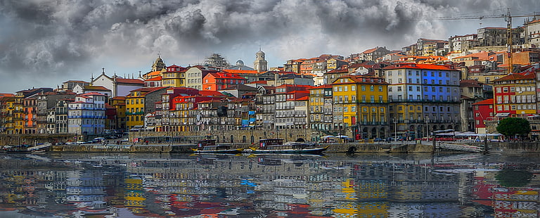 отражение, река, здание, дома, лодки, размытие, Португалия, набережная, Порту, Порт, река Дуэро, река Дору, HD обои HD wallpaper