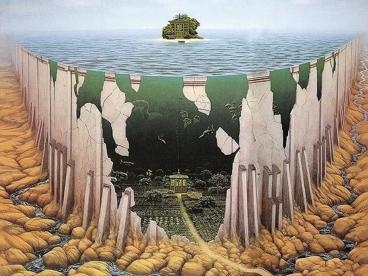 pulau dengan lukisan rumah, Jacek Yerka, tebing, karya seni, laut, pulau, Wallpaper HD