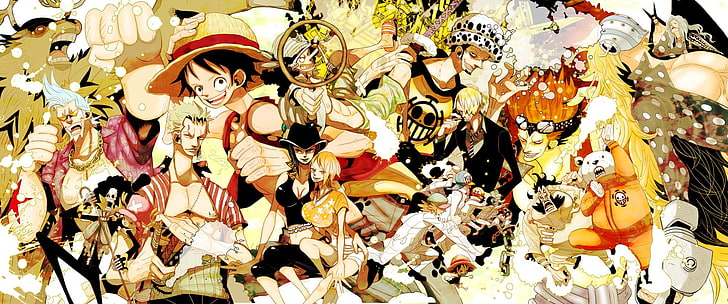 Anime, One Piece, Bepo (One Piece), Boy, Brook (One Piece), Eustass (One Piece), Franky (One Piece), Girl, Monkey D. Luffy, Nami (One Piece), Nico Robin, Penguin (OnePiece), Sanji (One Piece), Tony Tony Chopper, Trafalgar Law, Usopp (One Piece), Zoro Roronoa, Sfondo HD
