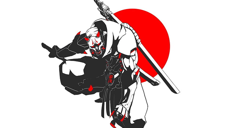 черно-бяла илюстрация на клоун, аниме, манга, Япония, самураи, нинджа, катана, Oni, прост фон, shinobi, oni маска, Genji (Overwatch), Oni Genji (Overwatch), HD тапет