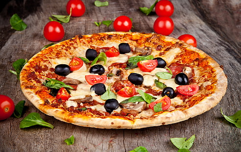 cheese and tomatoes pizza, pizza, tomatoes, olives, mushrooms, cheese, dish, leaves, food, HD wallpaper HD wallpaper