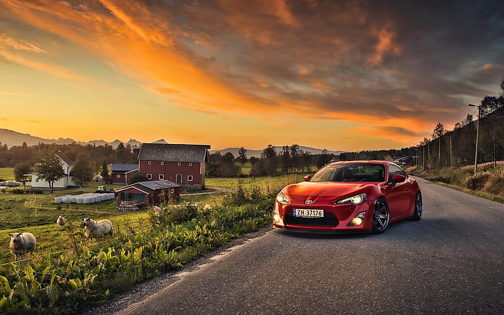 Toyota GT86 car, red color, sheep, houses, Toyota, Car, Red, Color, Sheep, Houses, HD wallpaper