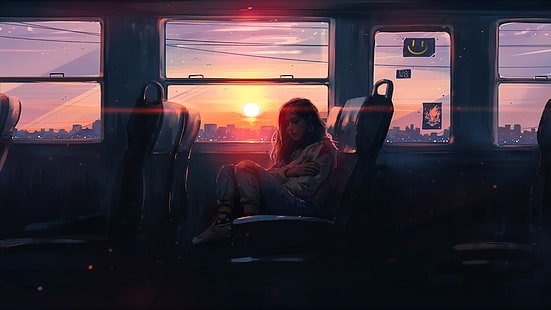 menina, o sol, pôr do sol, arte, ônibus, Aenami, por Aenami, Alena Aenam The, 2019, por Alena Aenami, passeio de ônibus sozinho, HD papel de parede HD wallpaper