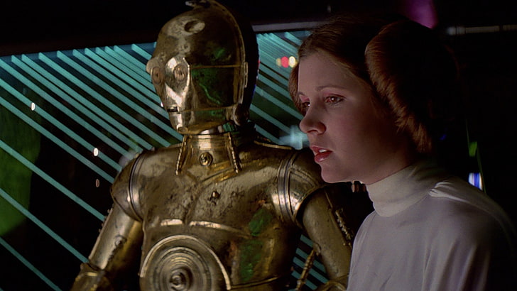 Yıldız Savaşları, Yıldız Savaşları, Bölüm IV: Yeni Bir Umut, C-3PO, Carrie Fisher, Droid, Prenses Leia, HD masaüstü duvar kağıdı