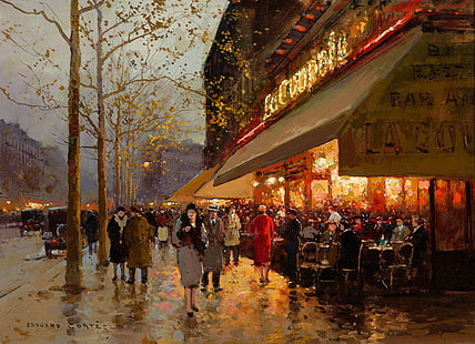 restaurant peinture, oeuvre d'art, paysage urbain, personnage, peinture, Edouard Léon Cortès, Fond d'écran HD HD wallpaper