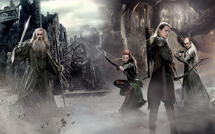 movies, The Hobbit: The Battle of the Five Armies, Gandalf, Legolas, Tauriel, elves, wizard, Thranduil, Ian McKellen, Orlando Bloom, Lee Pace, Evangeline Lilly, HD wallpaper