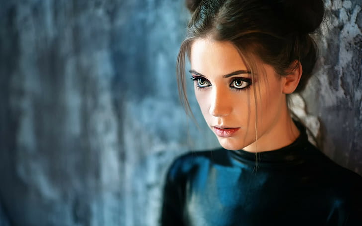Ksenia Kokoreva, model, eyes, blurred, women, looking away, long hair, latex, fahrbar+, face, brunette, hazel eyes, HD wallpaper