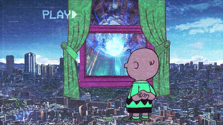 vaporwave, Charlie Brown, pejzaż miejski, taśma wideo, Fistaszki (komiks), Tapety HD