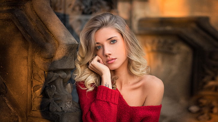 girl, Model, photo, blue eyes, tattoo, bokeh, lips, face, blonde, portrait, mouth, open mouth, looking at camera, sweater, depth of field, bare shoulder, David Mas, looking at viewer, red sweater, HD wallpaper