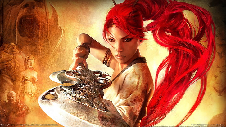 kvinna med svärd illustration, himmelska svärd, nariko, flicka, röd, hår, svärd, krigare, HD tapet