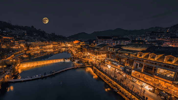 ancient city, night, phoenix ancient town, china, hunan, fenghuang, asia, ancient town, moon, full moon, cityscape, city lights, HD wallpaper