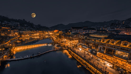 ancient city, night, phoenix ancient town, china, hunan, fenghuang, asia, ancient town, moon, full moon, cityscape, city lights, HD wallpaper HD wallpaper