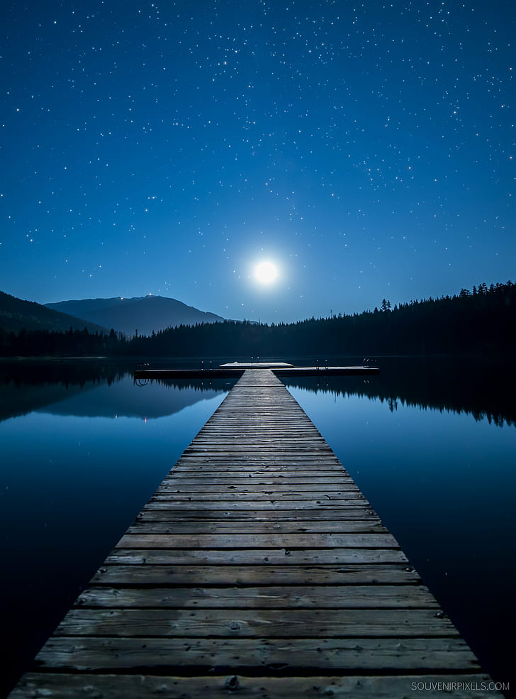 brown and gray dock, Moonlight, Dock, brown, gray, Astronomy, Background, Beautiful, Beauty, British Columbia, Calm, Canada, Clear, Clouds, Colorful, Constellation, Dark, Dramatic, Evening, Exposure, Landscape, Leisure, Light, Lost Lake, Majestic, Moon, Mount, Mountain, Natural, Nature, Night, Nobody, Outdoor, Outside, Peaceful, Pier, Reflection, Relaxation, Rocks, Scene, Scenery, Scenic, Sky, Space, Spiritual, Star, Starry, Tourism, Tranquil, Travel, Tree, Universe, View, Water, Whistler, Wide Angle, Wilderness, Wood, lake, blue, star - Space, outdoors, forest, scenics, HD wallpaper