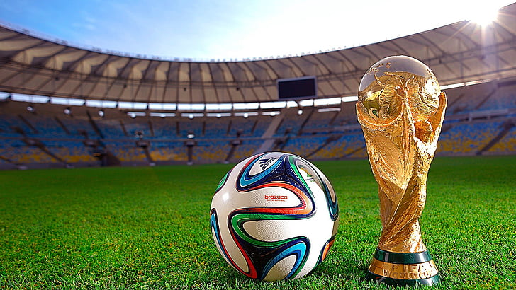world cup, football, trophy, ball, grass, fifa, stadium, sports equipment, sports, plant, HD wallpaper