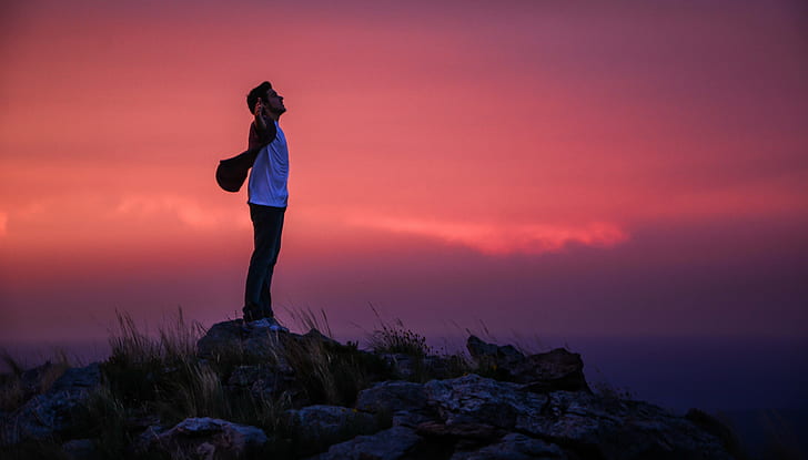 man wearing white crew neck shirt standing on gray rock during dawn, man, white, crew neck, shirt, gray rock, dawn, ARGENTINA, MONTAÑA, SUNSET, sport, outdoors, nature, exercising, mountain, healthy Lifestyle, hiking, mountain Peak, jogging, women, chinese Ethnicity, sky, one Person, females, HD wallpaper