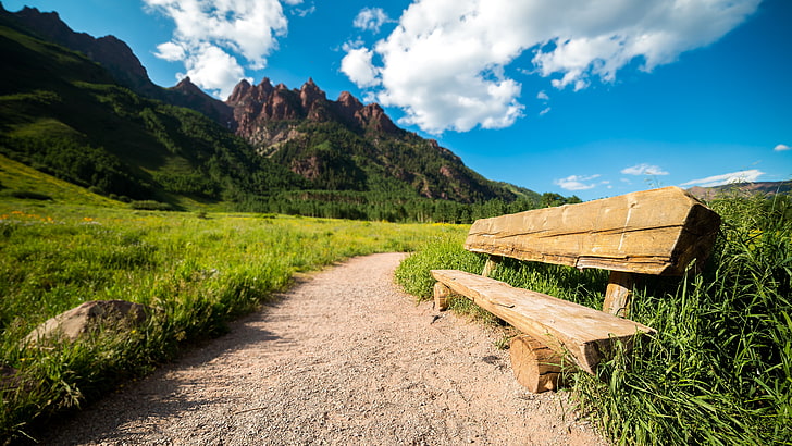 brown wooden bench, Colorado, maroon bells, path, clouds, grass, landscape, mountains, HD wallpaper