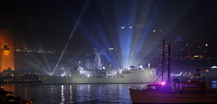 militare, nave, notte, luci, Sfondo HD
