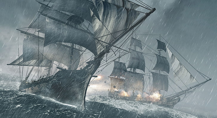 Assassins Creed IV Black Flag Ships, dwie szare żaglówki cyfrowe tapety, gry, Assassin's Creed, statki, 2013, Assassins Creed IV, Tapety HD