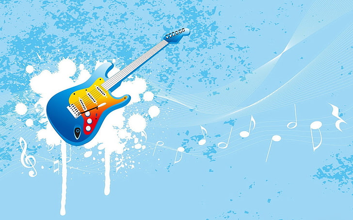 blue and yellow stratocaster electric guitar illustration, notes, music, blue, guitar, vector, HD wallpaper