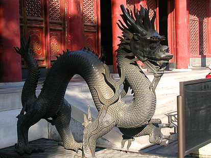 gray dragon statue, japan, sculpture, dragon, metal, HD wallpaper HD wallpaper