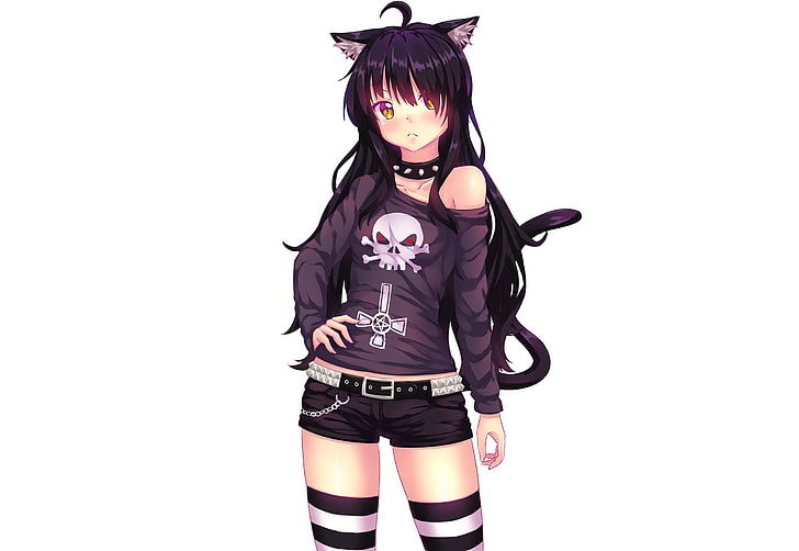 long black-haired female anime character, white background, simple background, animal ears, black hair, cat girl, chains, choker, fast-runner-2024, Gothic, long hair, shorts, tail, yellow eyes, thigh-highs, HD wallpaper