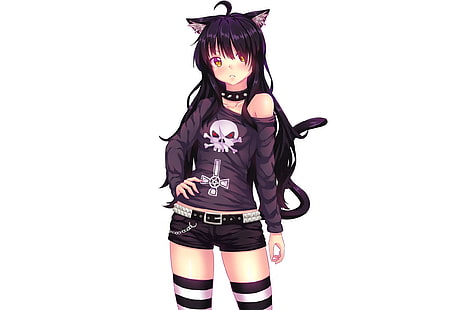 long black-haired female anime character, white background, simple background, animal ears, black hair, cat girl, chains, choker, fast-runner-2024, Gothic, long hair, shorts, tail, yellow eyes, thigh-highs, HD wallpaper HD wallpaper