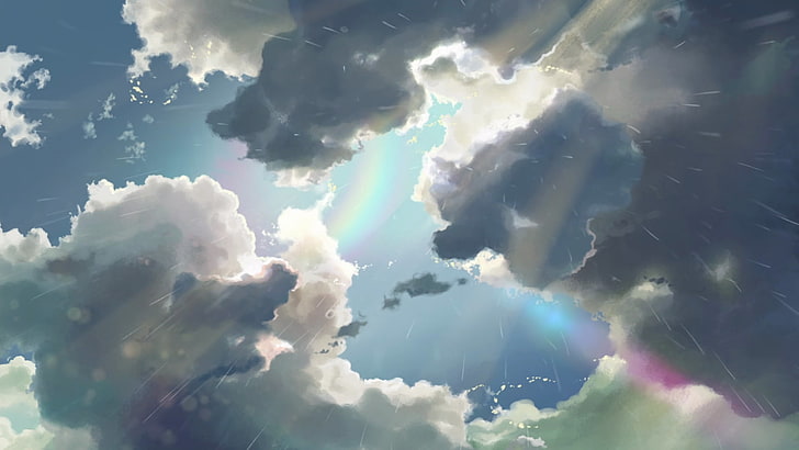 nuvens pintando, anime, Makoto Shinkai, o jardim das palavras, arco-íris, nuvens, HD papel de parede