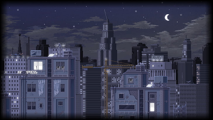 piksele, sztuka pikselowa, piksele, pejzaż miejski, budynek, wieżowiec, gwiaździsta noc, księżyc, chmury, dźwigi (maszyna), Tapety HD